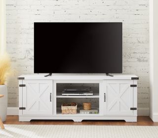 Modern Farmhouse TV Media Stand, Large Barn Inspired Home Entertainment Console, for TV Up to 70'', with Open Shelves and Closed Cabinets, White, 64.8